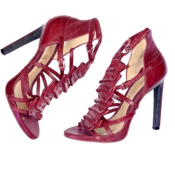 L.A.M.B. Shoes - L.A.M.B. Red Leather Ruffle Strappy Heels
